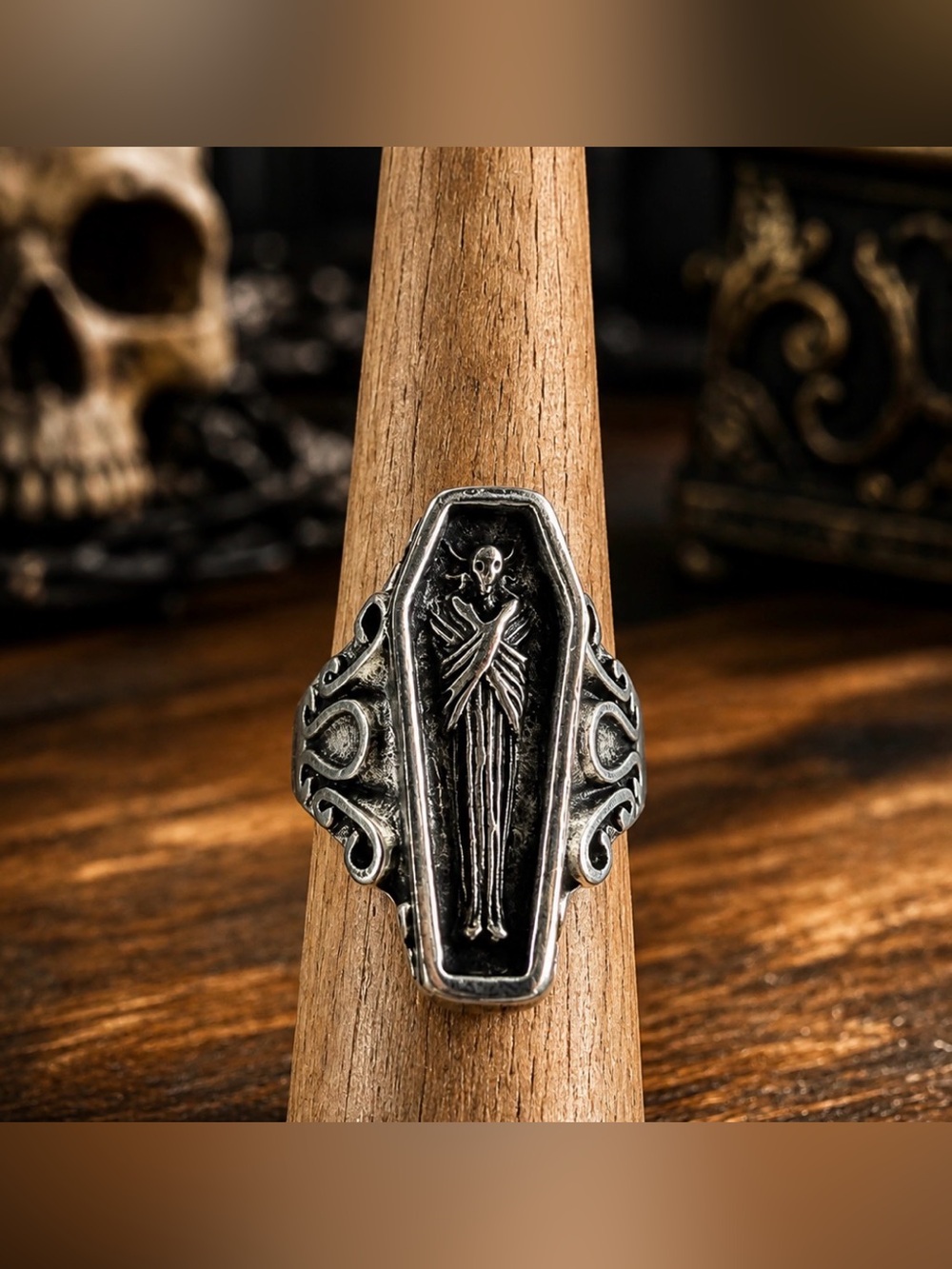 Coffin Skeleton Ring Silver Tone Size 8